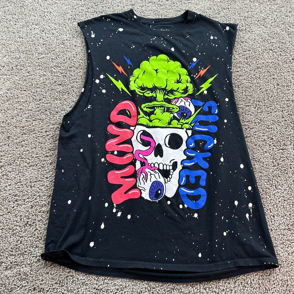 Spencers Shirt Mens Large Black Mind F**ked Nuclear Skull Paint Splatter